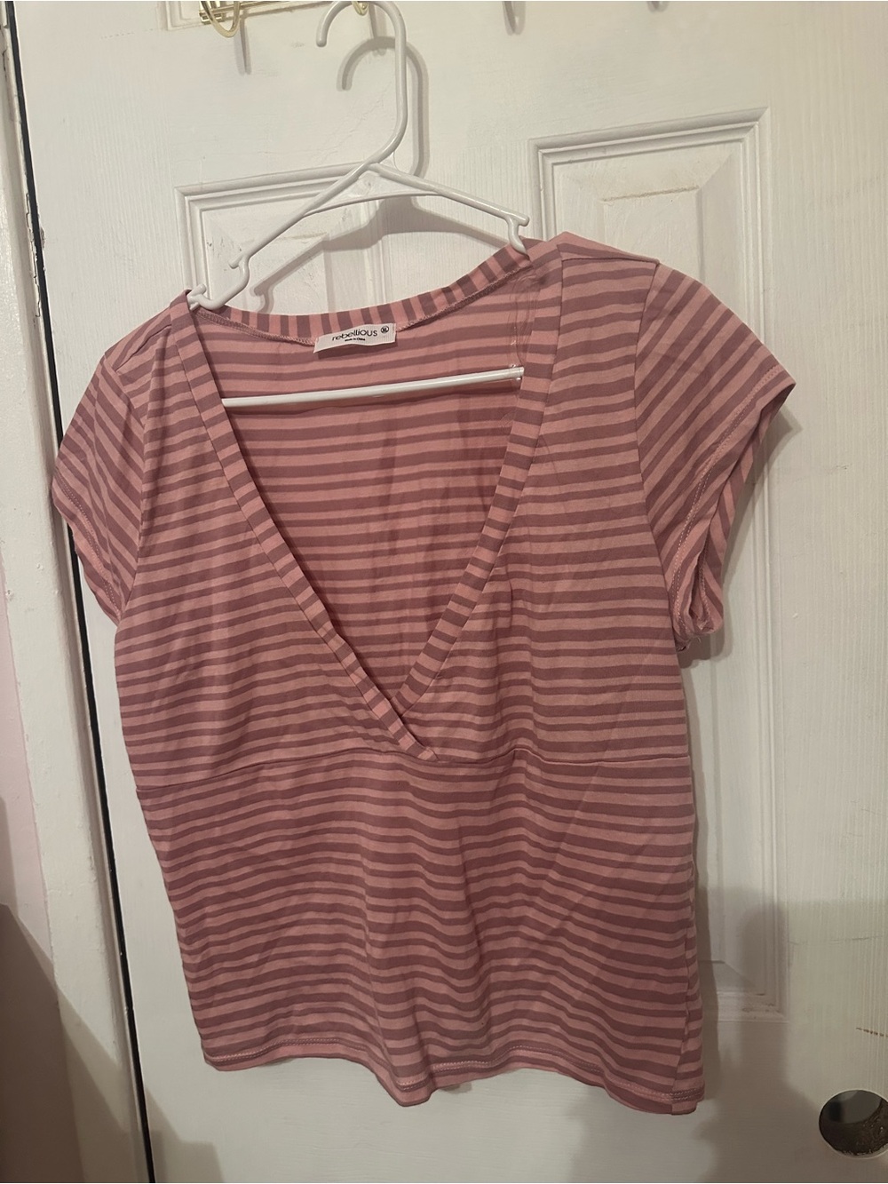 Rebellious Rose Pink Striped V-Neck Short Sleeve Tee